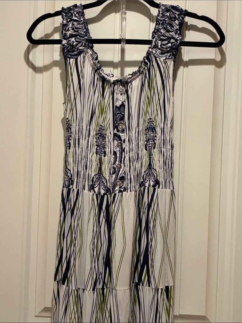 JULIA S Sleeveless Tiered Maxi Dress in Black &White patterned w subtle green - Picture 9 of 16